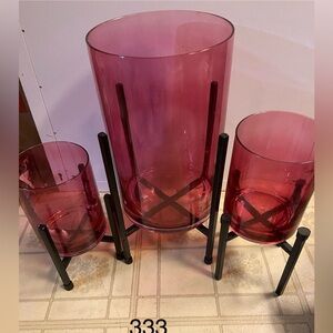 Vintage large rose glass hurricane / Holders trio